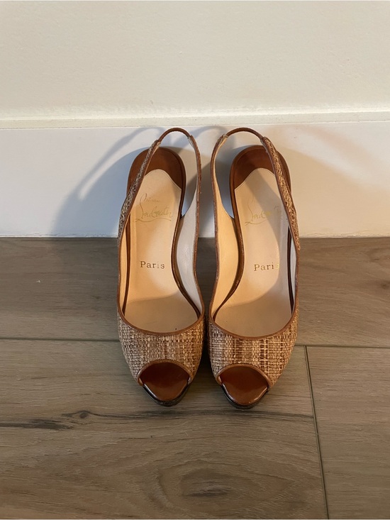 Christian Louboutin Shoes - Christian Louboutin Woven Tan Peep-Toe Slingback Heels